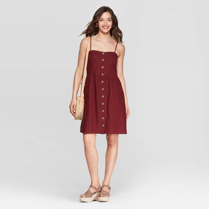 Women's Short Sleeve V-neck Midi Belted Dress- Universal Thread Burgundy (red)