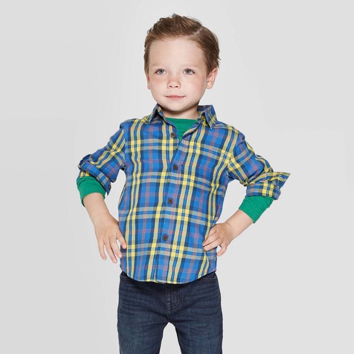 Toddler Boys' Specialty Twill Long Sleeve Plaid Button-down Shirt - Cat & Jack Blue