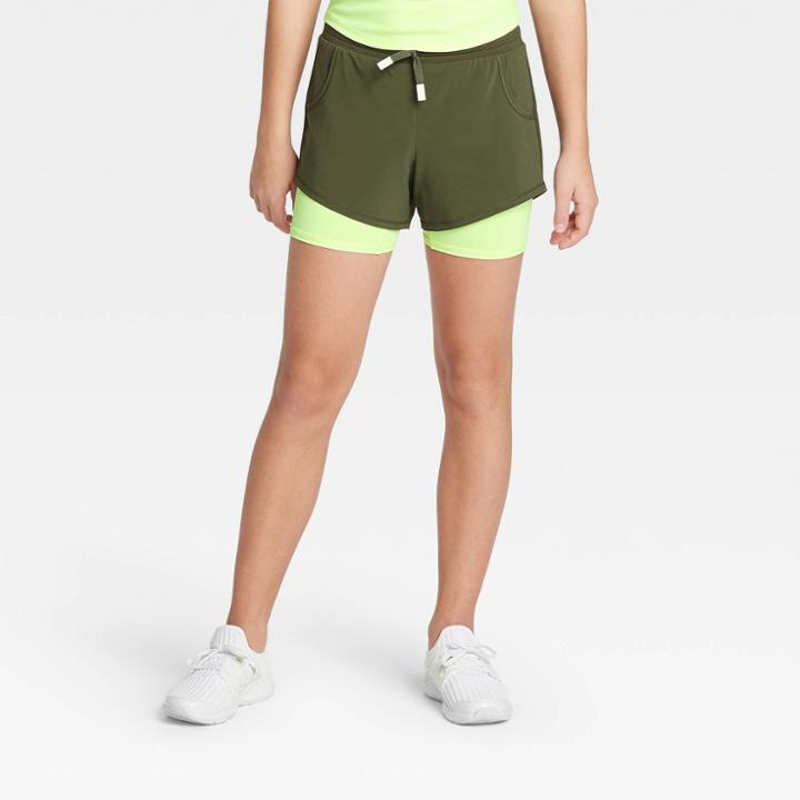 Girls' Double Layer Run Shorts - All In Motion Olive Green Xs, Girl's, Green Green