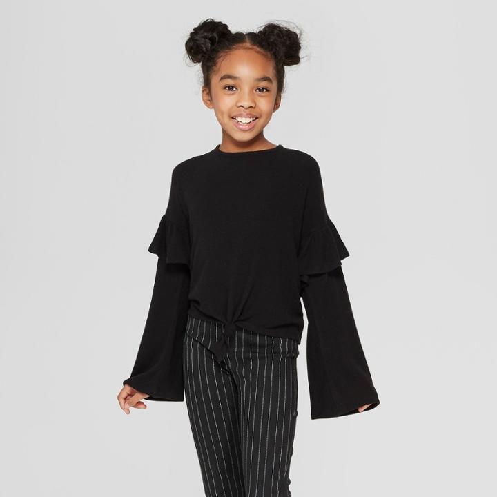 Girls' Drop Shoulder Long Sleeve Ruffle Top - Art Class Black