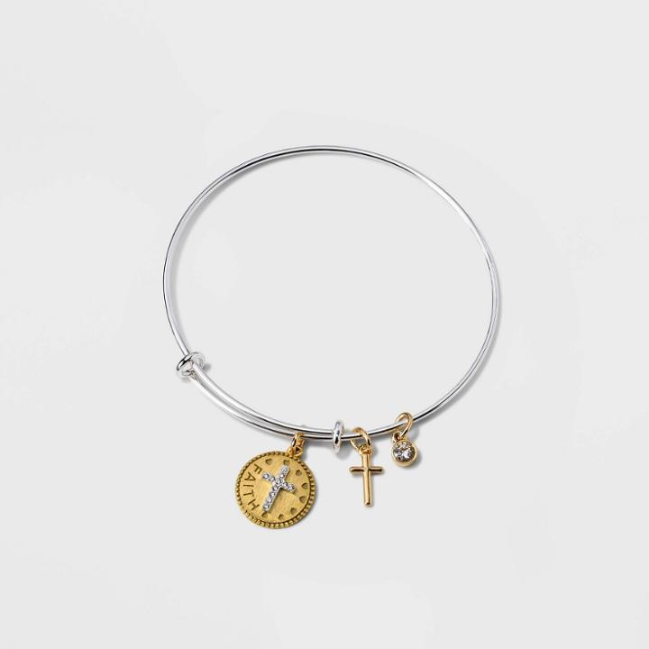 No Brand Silver Plated 'faith' Cubic Zirconia Cross Two-tone Metal Bangle Bracelet - Gold