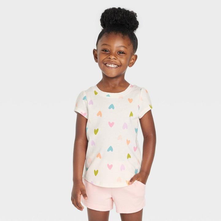 Toddler Girls' Hearts Short Sleeve T-shirt - Cat & Jack Cream