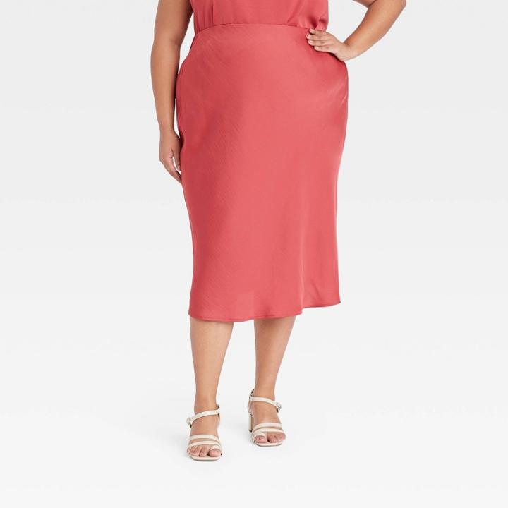 Women's Plus Size High-rise Midi Slip A-line Skirt - A New Day Dark Pink