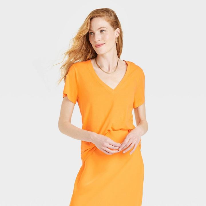 Women's Short Sleeve V-neck T-shirt - A New Day Orange