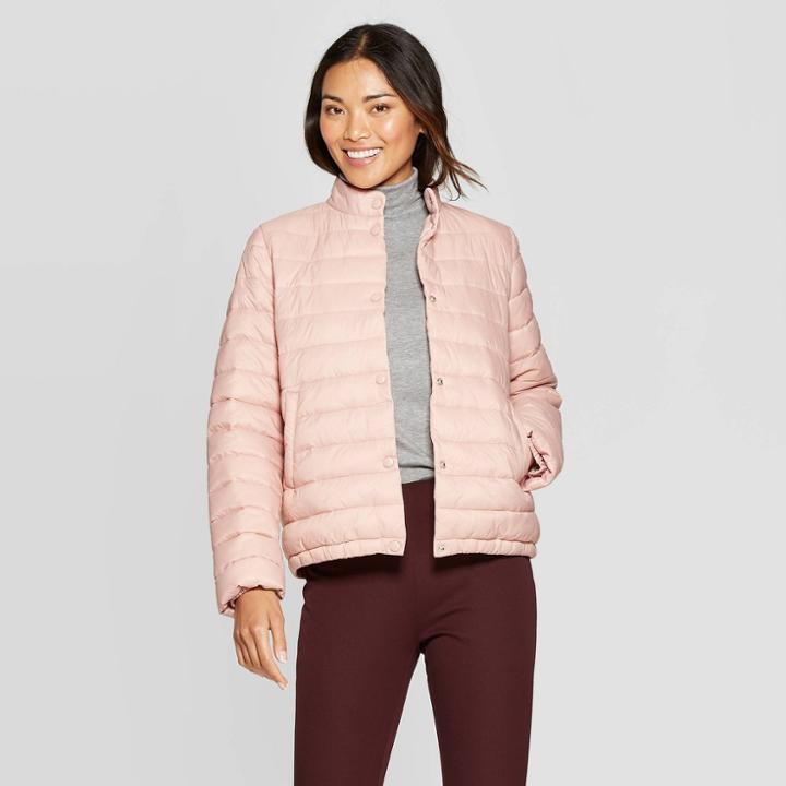 Women's Short Quilted Puffer Jacket - A New Day Pink