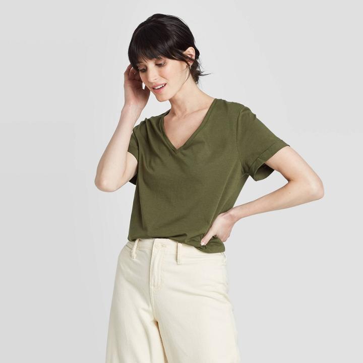 Women's Short Sleeve V-neck Cuff T-shirt - A New Day Green
