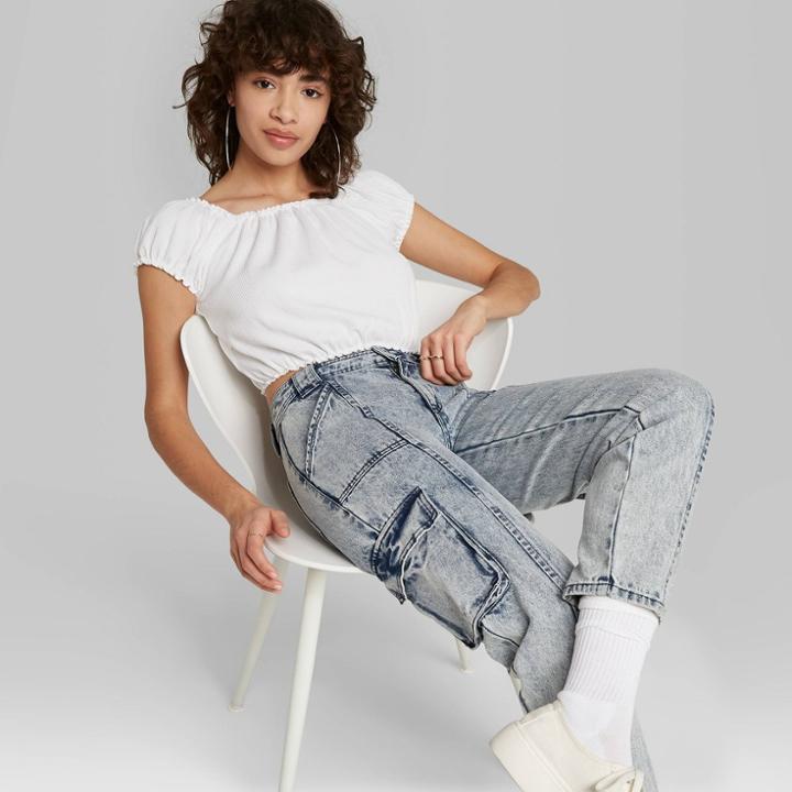 Women's Puff Short Sleeve Ribbed Cropped Top - Wild Fable White