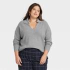 Women's Plus Size Collared Polo Ribbed Pullover Sweater - A New Day Gray