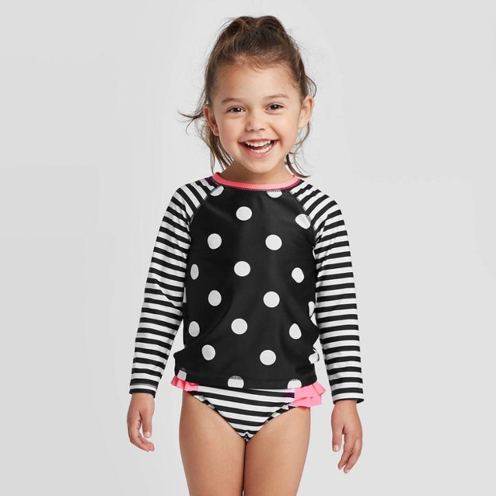 Toddler Girls' Dot Long Sleeve Raglan Rash Guard Set - Cat & Jack Black 12m, Toddler Girl's