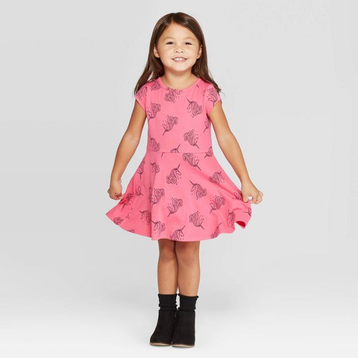 Petitetoddler Girls' Short Sleeve Unicorn Print Dress - Cat & Jack Dark Pink 12m, Toddler Girl's