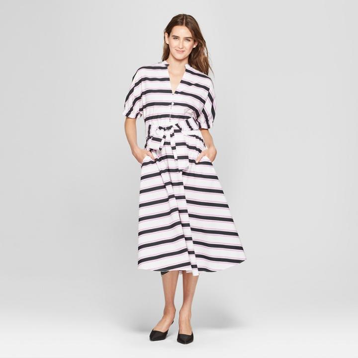 Women's Striped Tie Waist Collar Shirt Dress - Who What Wear Purple/white M, Purple/white