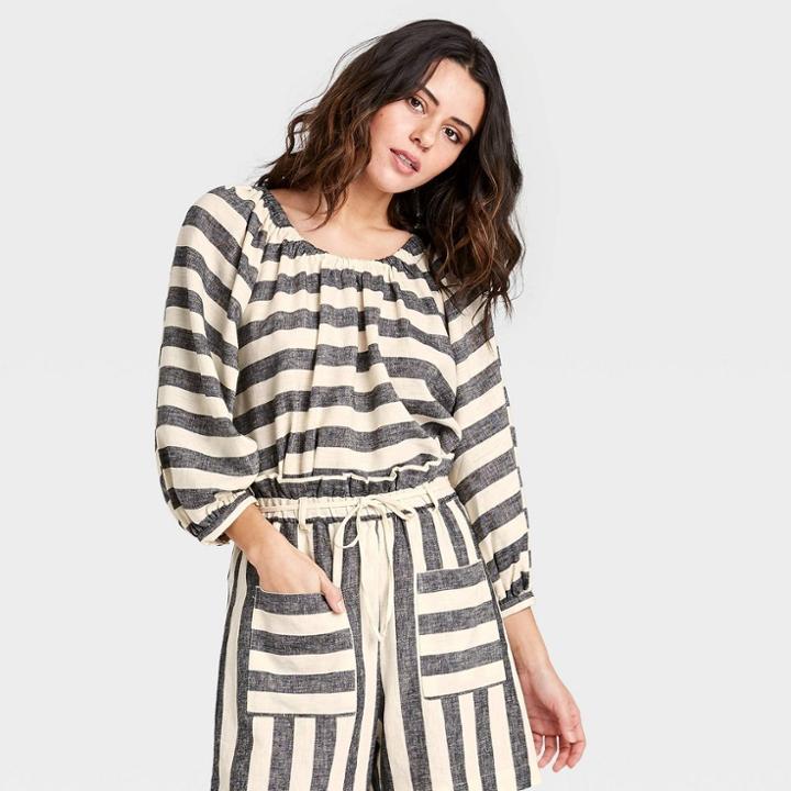 Women's Striped Balloon 3/4 Sleeve Top - Who What Wear Gray/white
