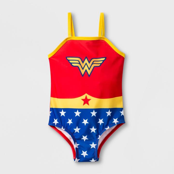 Toddler Girls' Dc Comics Wonder Woman One Piece Swimsuit - Red