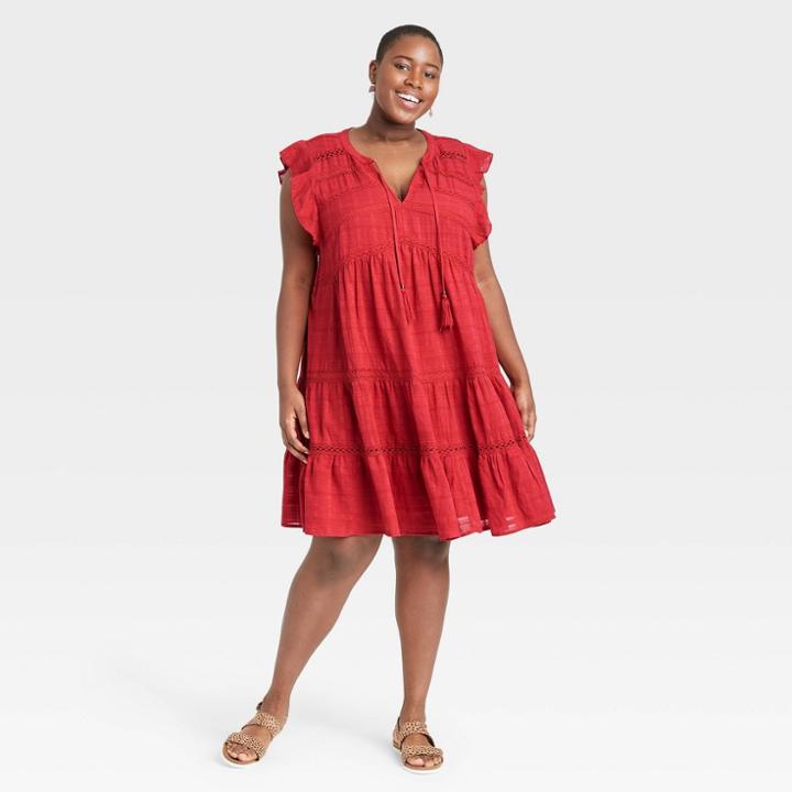 Women's Plus Size Long Sleeve Peasant Shift Dress - Knox Rose Red