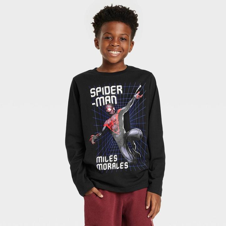Spider-man: Miles Morales Boys' Spider-man Miles Morales Matrix Long Sleeve Graphic T-shirt - Black