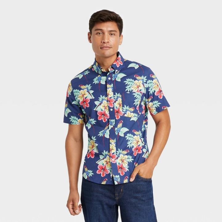 Men's Printed Standard Fit Stretch Poplin Short Sleeve Button-down Shirt - Goodfellow & Co Garden Blue/floral