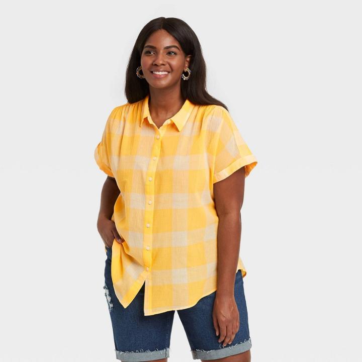 Women's Plus Size Plaid Short Sleeve Button-down Shirt - Ava & Viv Yellow X