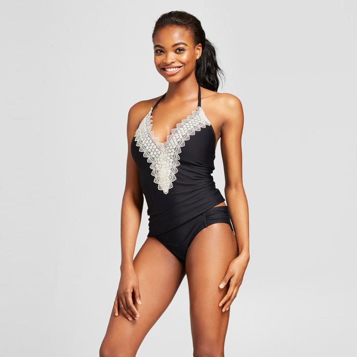 Sea Angel Women's Lace Halter Tankini Top - Black D/dd Cup