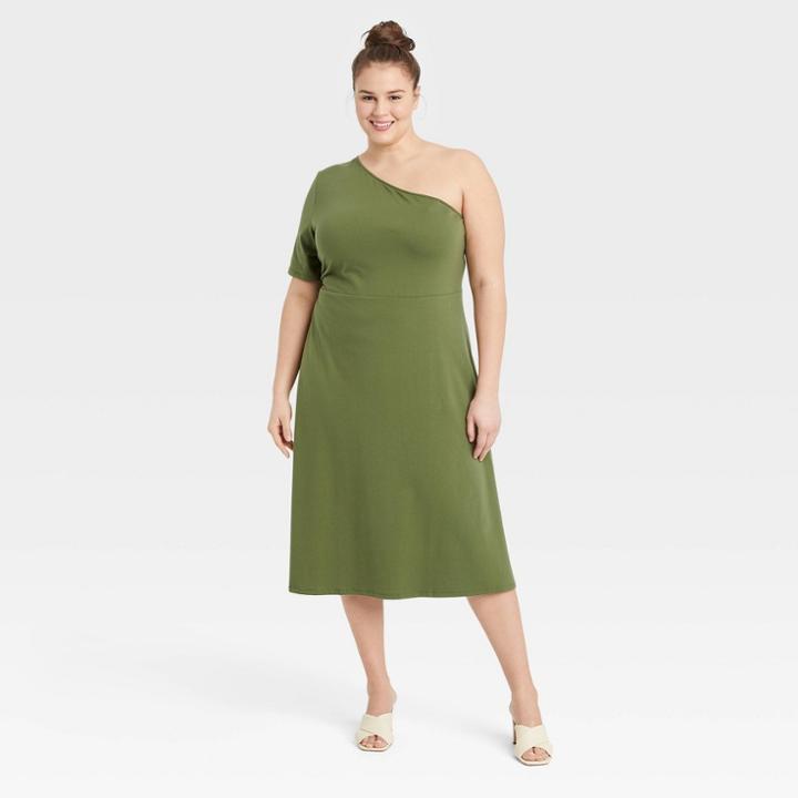 Women's Plus Size Elbow Sleeve One Shoulder Knit Dress - Who What Wear Olive Green