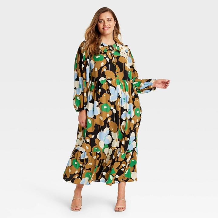 Women's Plus Size Balloon Long Sleeve Dress - Who What Wear Brown Floral