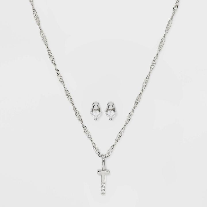 Silver Plated Cubic Zirconia 't' Initial Earring And Pendant Necklace Set - A New Day