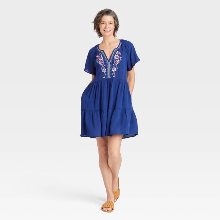 Women's Raglan Short Sleeve Embroidered Tiered A-line Dress - Knox Rose Blue