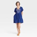 Women's Raglan Short Sleeve Embroidered Tiered A-line Dress - Knox Rose Blue