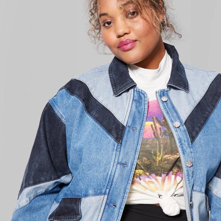 Women's Plus Size Colorblocked Denim Trucker Jacket - Wild Fable Light Wash 1x, Size: