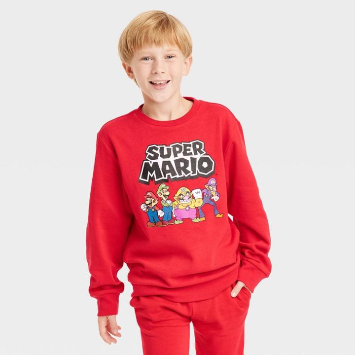 Nintendo Boys' Super Mario Crewneck Fleece Sweatshirt - Red