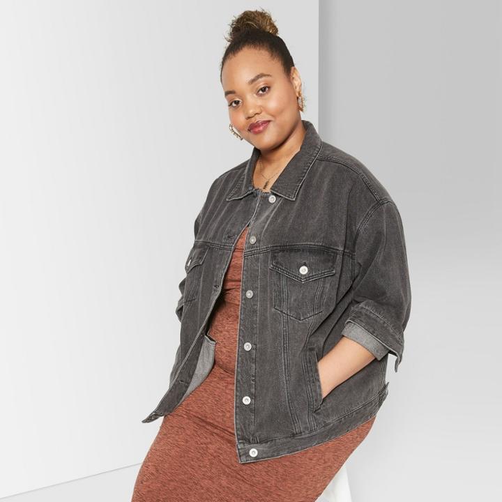 Women's Plus Size Denim Trucker Jacket - Wild Fable Black Wash