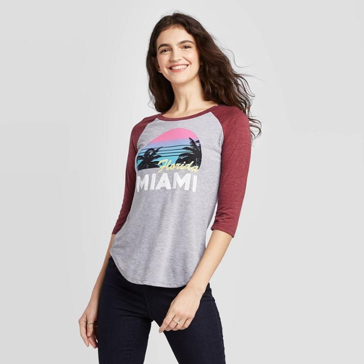 Women's Long Sleeve Crewneck Miami Florida Raglan Graphic T-shirt - Awake Burgundy Xs, Women's, Red