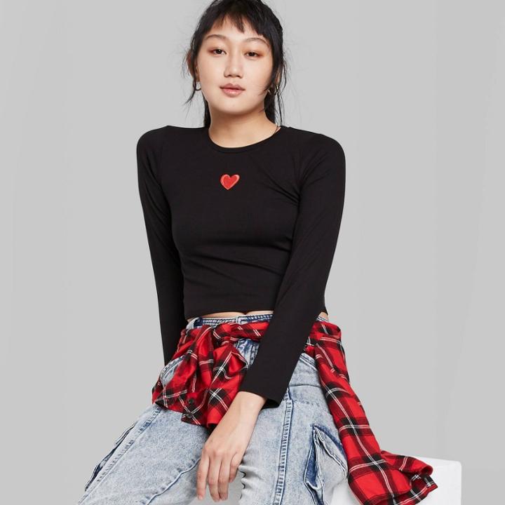 Women's Long Sleeve Fitted Rib-neck T-shirt - Wild Fable Black With Heart Embroidery