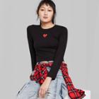Women's Long Sleeve Fitted Rib-neck T-shirt - Wild Fable Black With Heart Embroidery