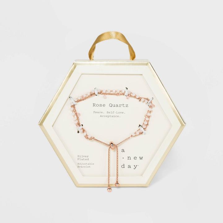 A New Day Gold Plated Rose Quartz Stone And Crystal Beaded Triple Strand Adjustable Bracelet - New Day Pink, Women's,