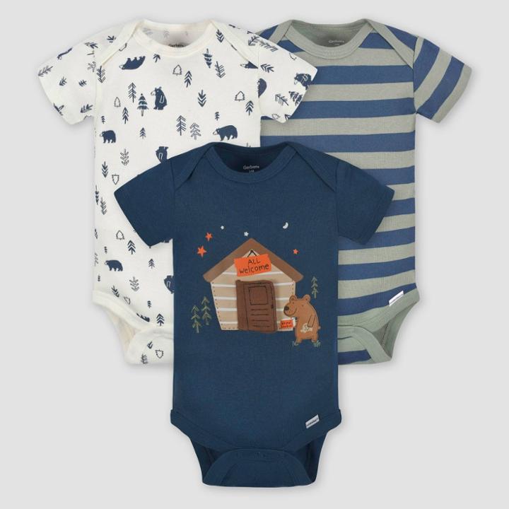Gerber Baby 3pk Bear Short Sleeve Onesies - Forest Green/white/navy Blue Newborn