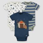 Gerber Baby 3pk Bear Short Sleeve Onesies - Forest Green/white/navy Blue Newborn