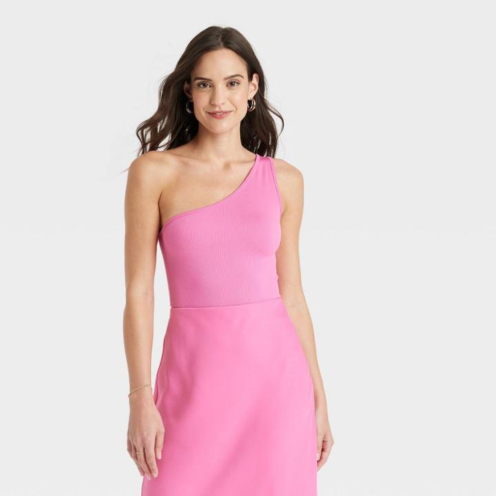 Women's One Shoulder Slim Fit Seamless Ribbed Tank Top - A New Day Pink