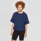 Women's Elbow Sleeve Crewneck Tie Neck Popover Blouse - Prologue Navy