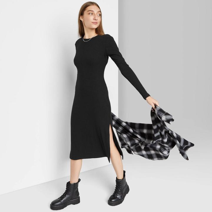 Women's Long Sleeve Open Back Knit Dress - Wild Fable Black