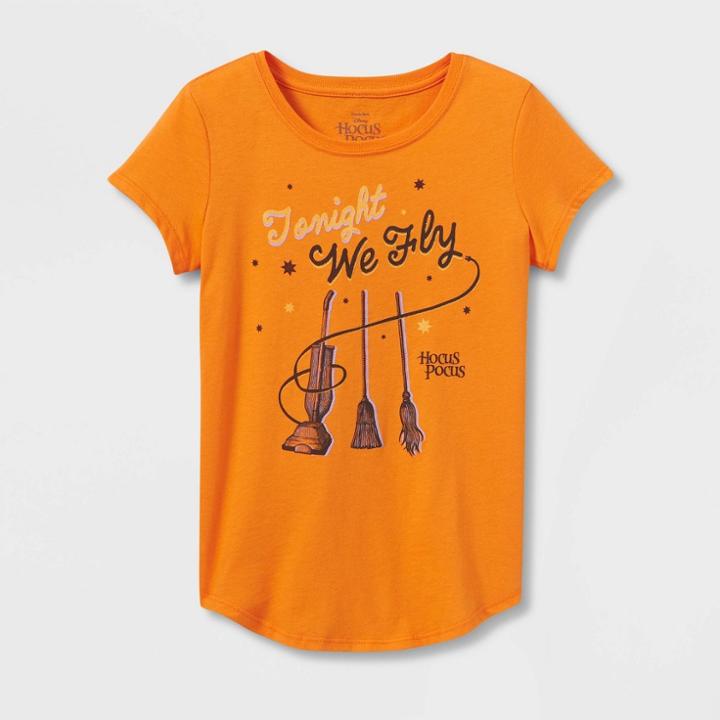 Girls' Hocus Pocus 'tonight We Fly' Halloween Short Sleeve Graphic T-shirt - Orange