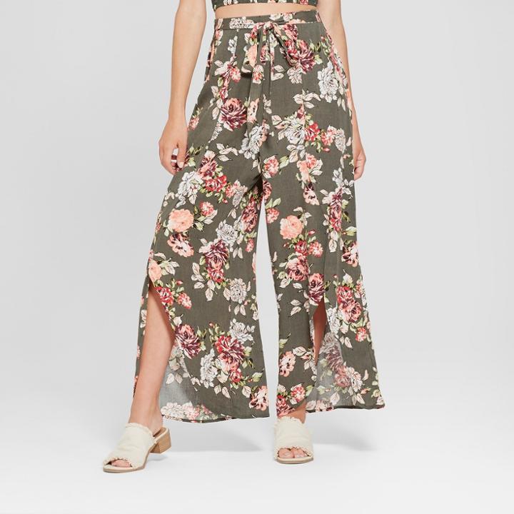 Women's Floral Tie Front Wrap Pants - Xhilaration Olive (green)