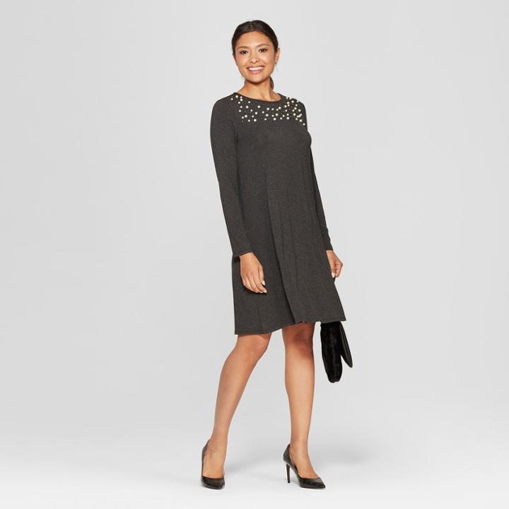 Women's Scattered Pearl Knit Swing Dress - Spenser Jeremy- Gray