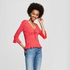 Women's Polka Dot 3/4 Sleeve Tie Front Ruffle Top - Almost Famous (juniors') Red