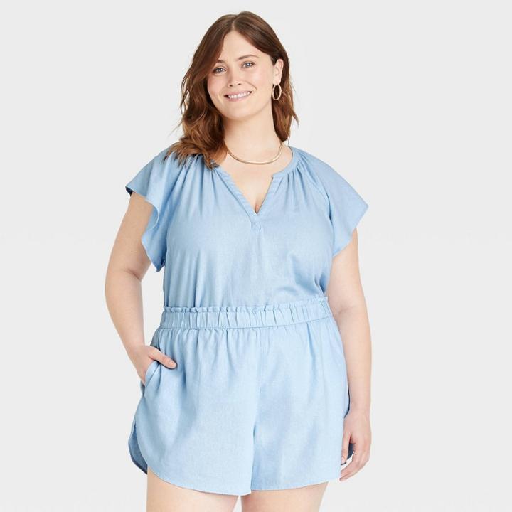 Women's Plus Size Flutter Short Sleeve Blouse - Universal Thread Blue