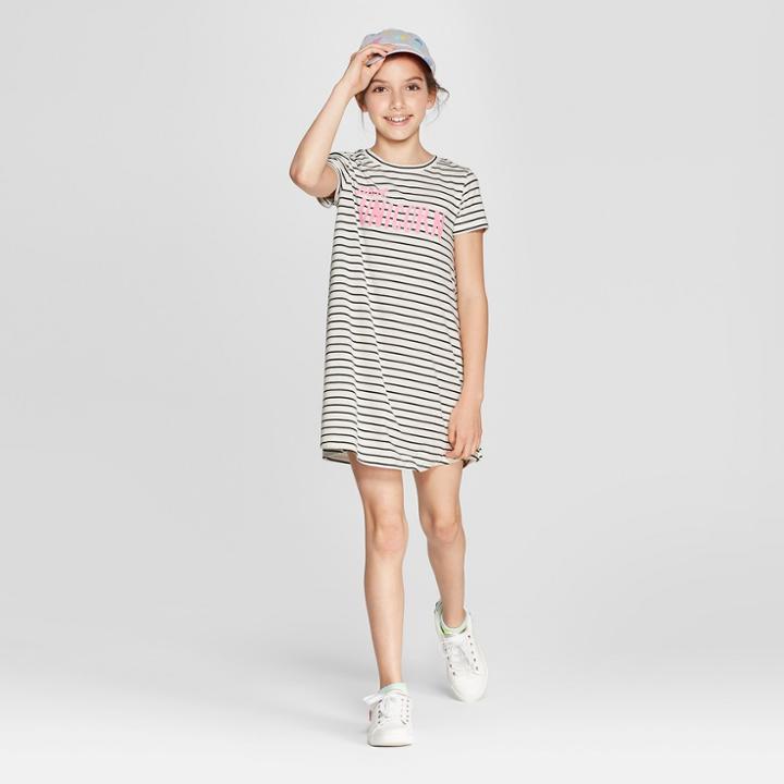 Grayson Social Girls' 'part Unicorn' Striped T-shirt Dress - Ivory/black