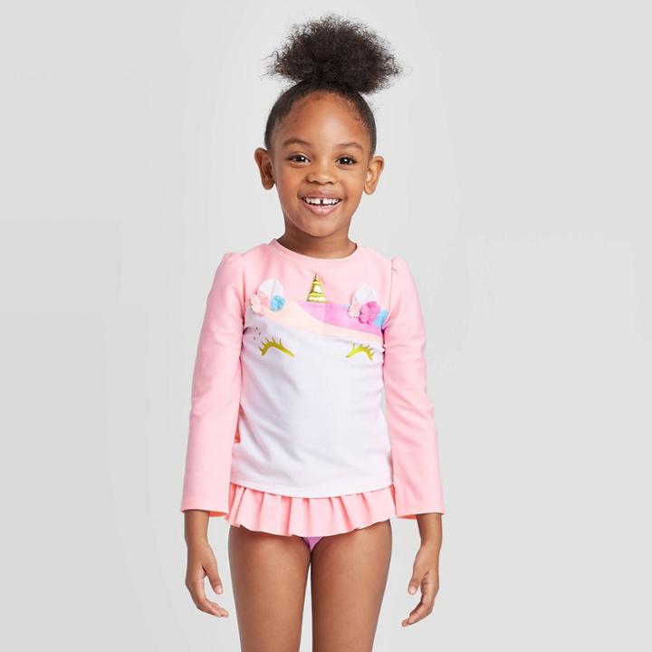 Toddler Girls' 2pc Unicorn Long Sleeve Rash Guard With Ruffle Bottom Set - Cat & Jack Pink 12m, Toddler Girl's