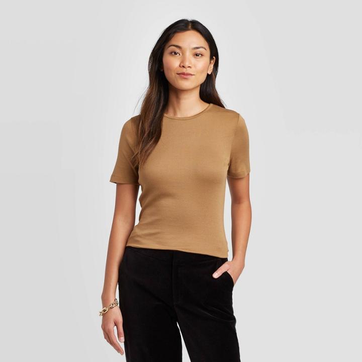 Women's Short Sleeve Crewneck Fitted T-shirt - A New Day Brown S, Women's,