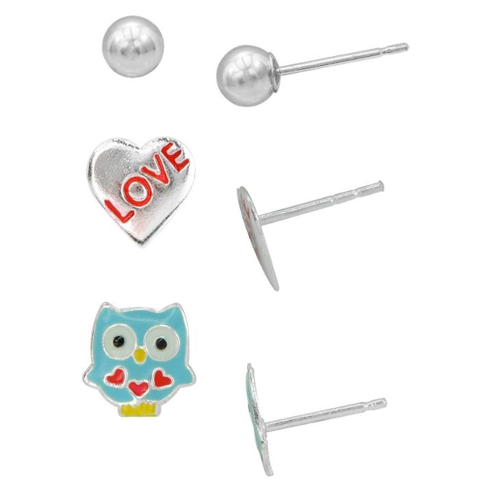 Target Girls' Sterling Silver 3pr-ball/love Heart/enamel Owl