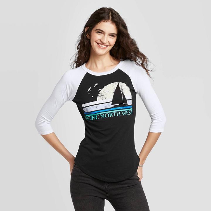Women's 3/4 Sleeve Round Neck Pacific Northwest Sailboat Graphic T-shirt - Modern Lux Black/white