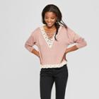 Women's Long Sleeve Lace-up Back With Lace Trim - Xhilaration Country Rose (pink)